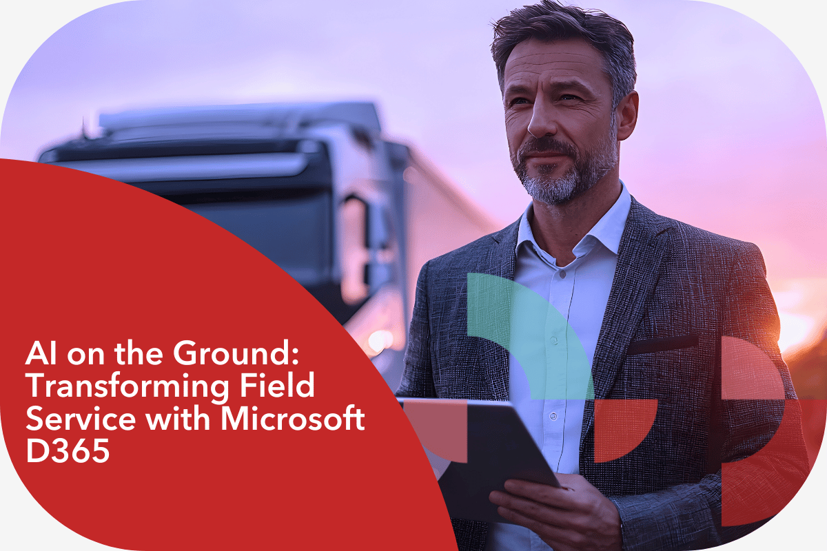on the left in white text inside a red box "AI on the Ground: Transforming Field Service with Microsoft D365" on the right is a photo of a man wearing a suit holding a clipboard 